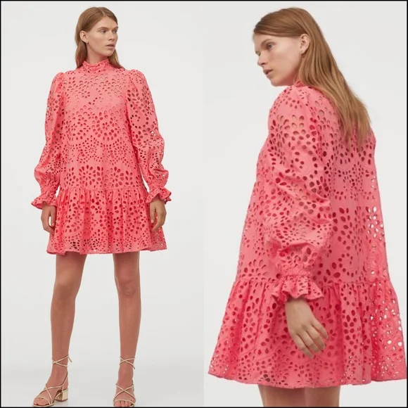 H&M | Dresses | Hm Embroidered Eyelet Broderie Anglais Coral Dress Sz M Nwt 